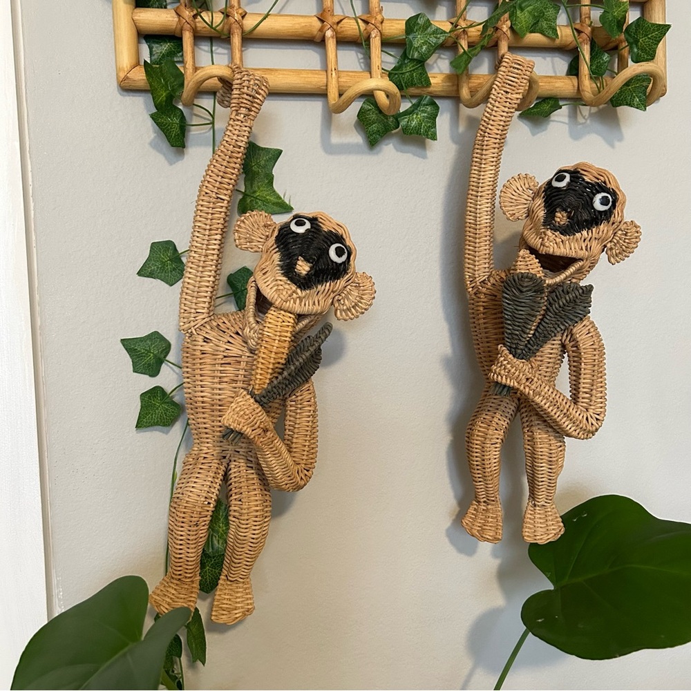 SOLD Vintage MCM hanging wicker monkeys
